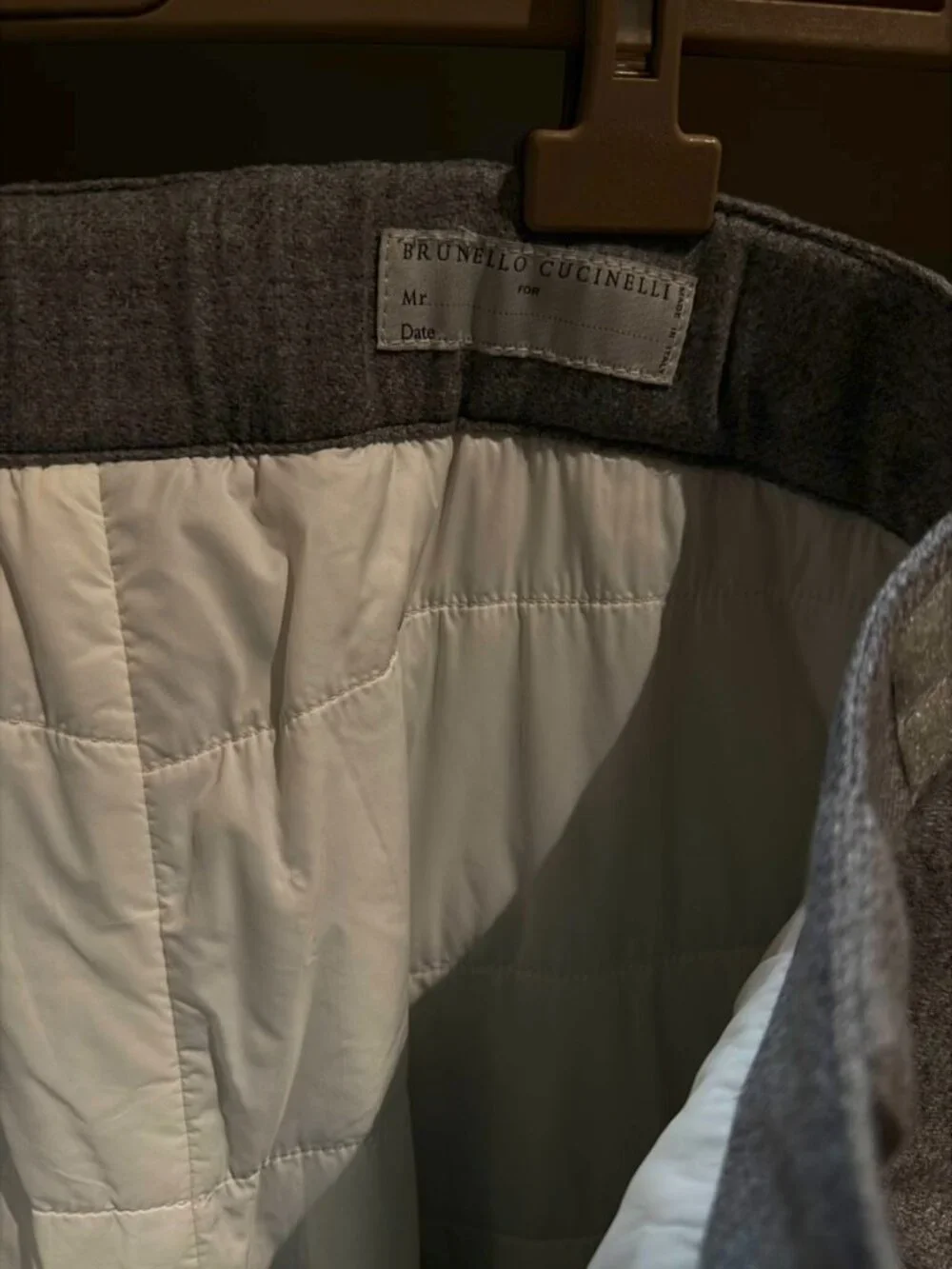 Brunello Cucinelli men's ski trousers in grey and white wool/cashmere/silk, size